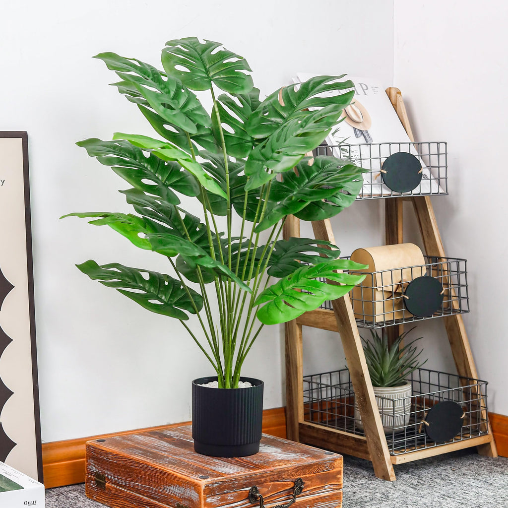 28" Fake Plants, Monstera Floor Plant, Black Pot Decor