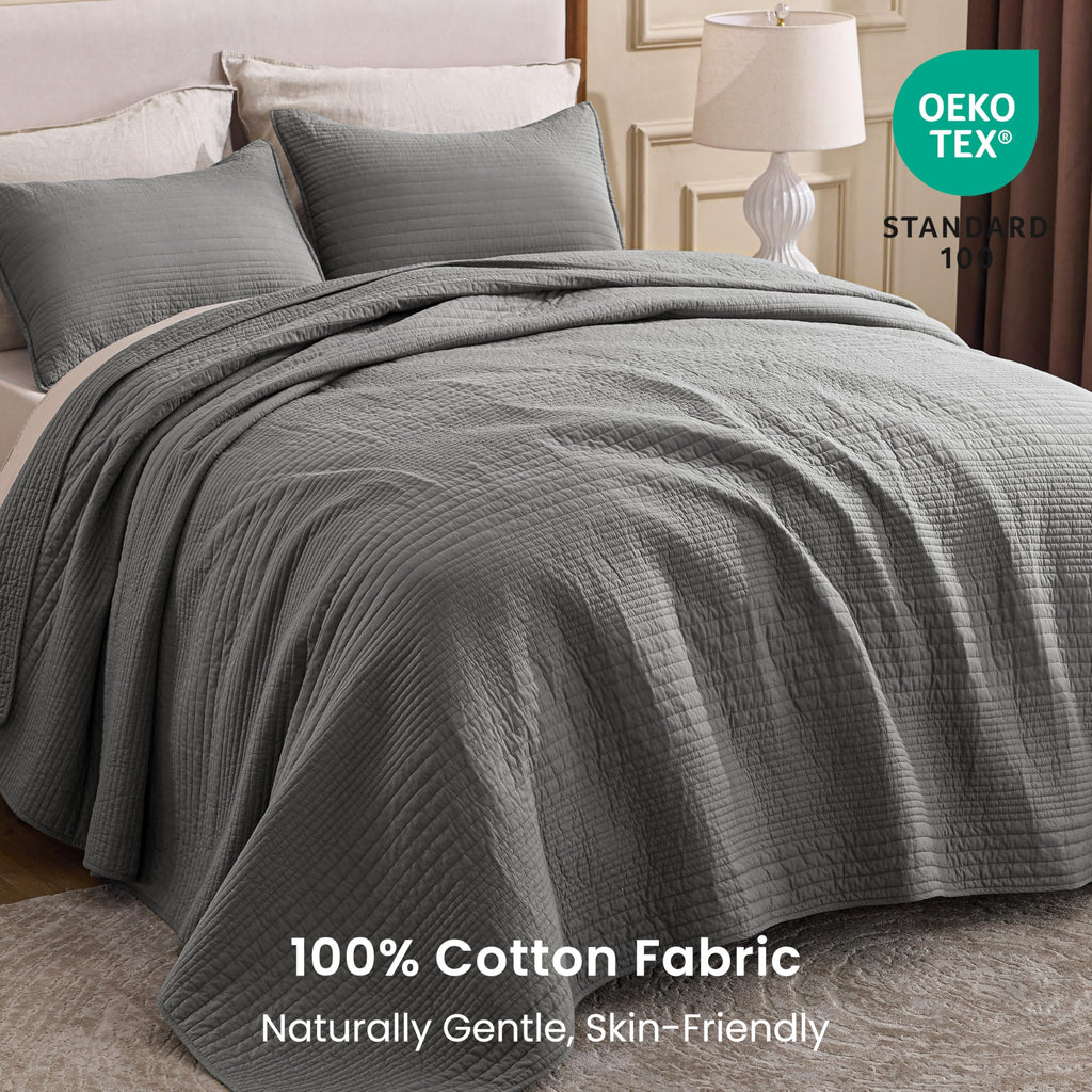 Cotton Quilt Set, 100% Cotton Fabric Striped Textured Coverlet with Crinkled Look, Lightweight Quilted