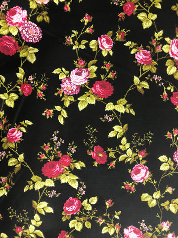 Rose Flower Polyester Cotton Print, Sells BY THE Yard (Black/RED)