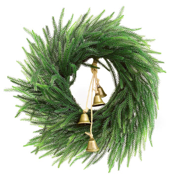 Faux Christmas Norfolk Pine Wreath with 4 Pcs Rustic Vintage Iron Bells, 20 Inch Artificial Green Wreath Greenery