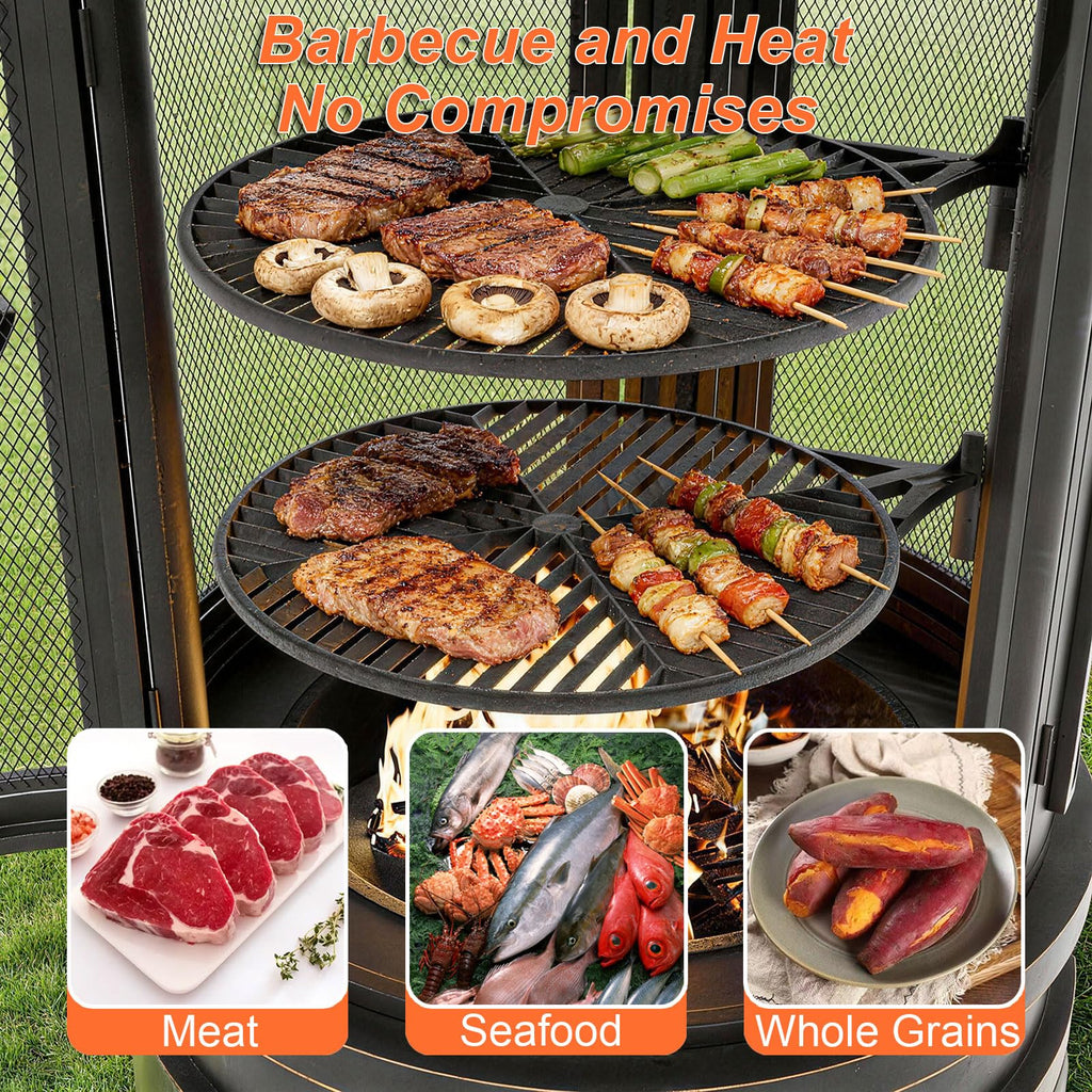 2 in 1 Metal Chimenea with Grill, Outdoor Fire Pit with Adjustable Grill Tray 3-Door Design Spark Screen Door
