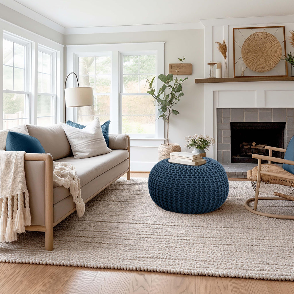 Round Blue Pouf - Hand Knitted Cotton Braid Cord Dori Ottoman