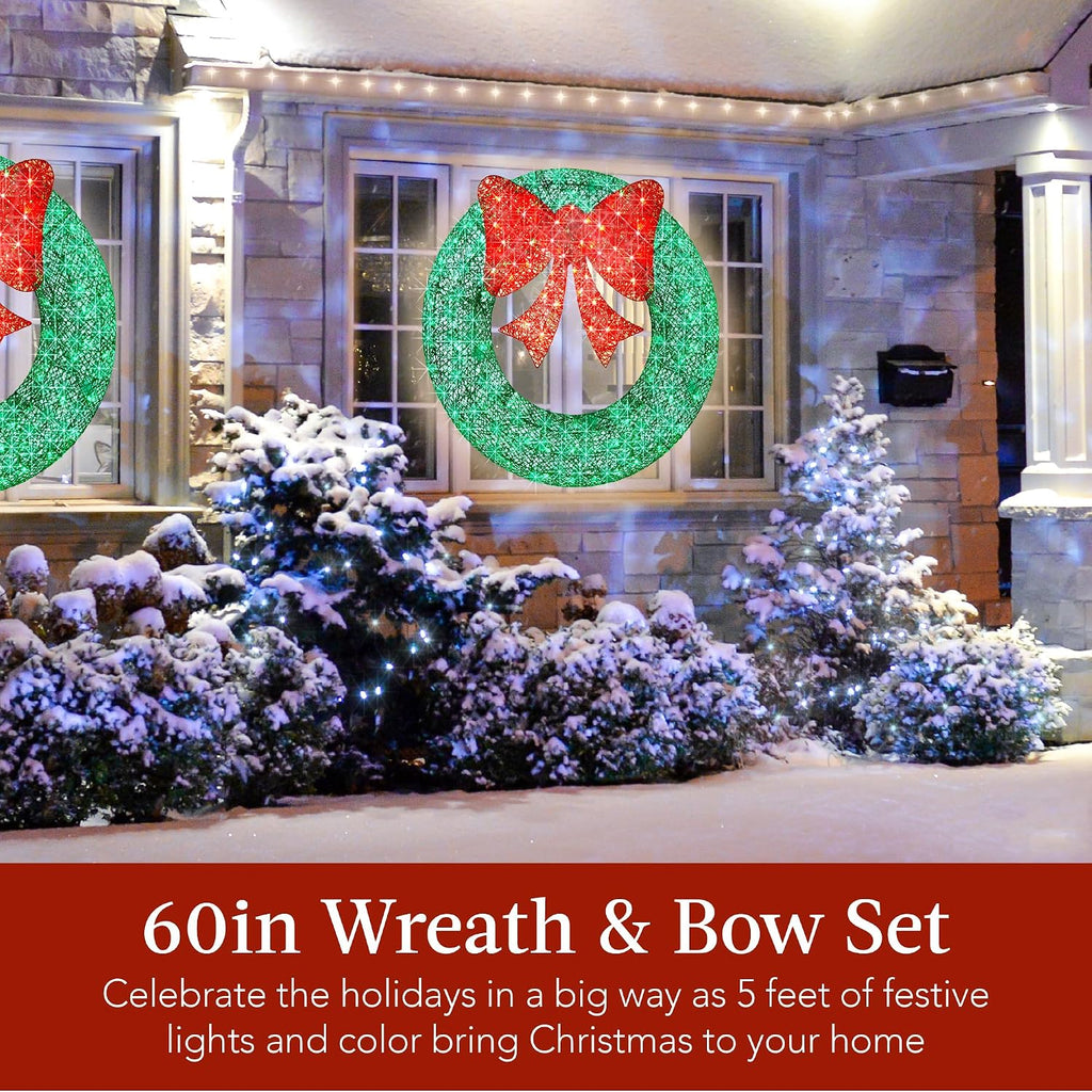 60in Pre-Lit Outdoor Christmas Wreath Decoration, LED Metal Holiday Decor Exterior, Garden w/ 206 Lights, Bow