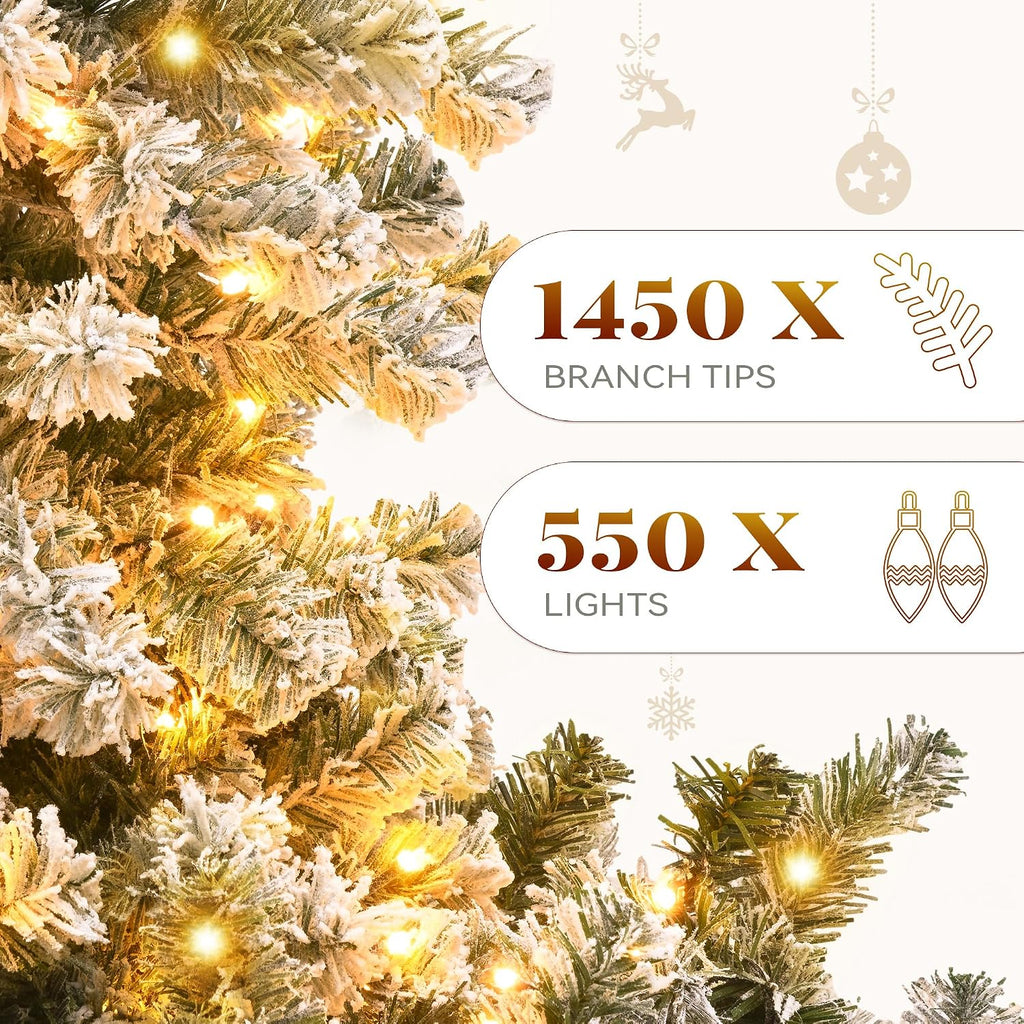 Prelit Snow Flocked Christmas Tree 7.5ft with Remote | Hinged Pine Christmas Tree w/ 550 Warm White/Multicolor