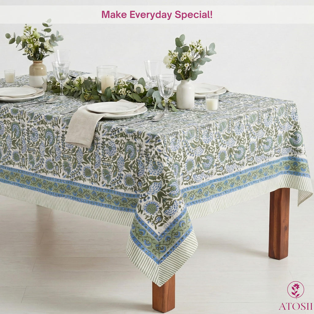 Cotton Blockprint Rectangle Table Cloth, Clover Blue, 108" X 60"