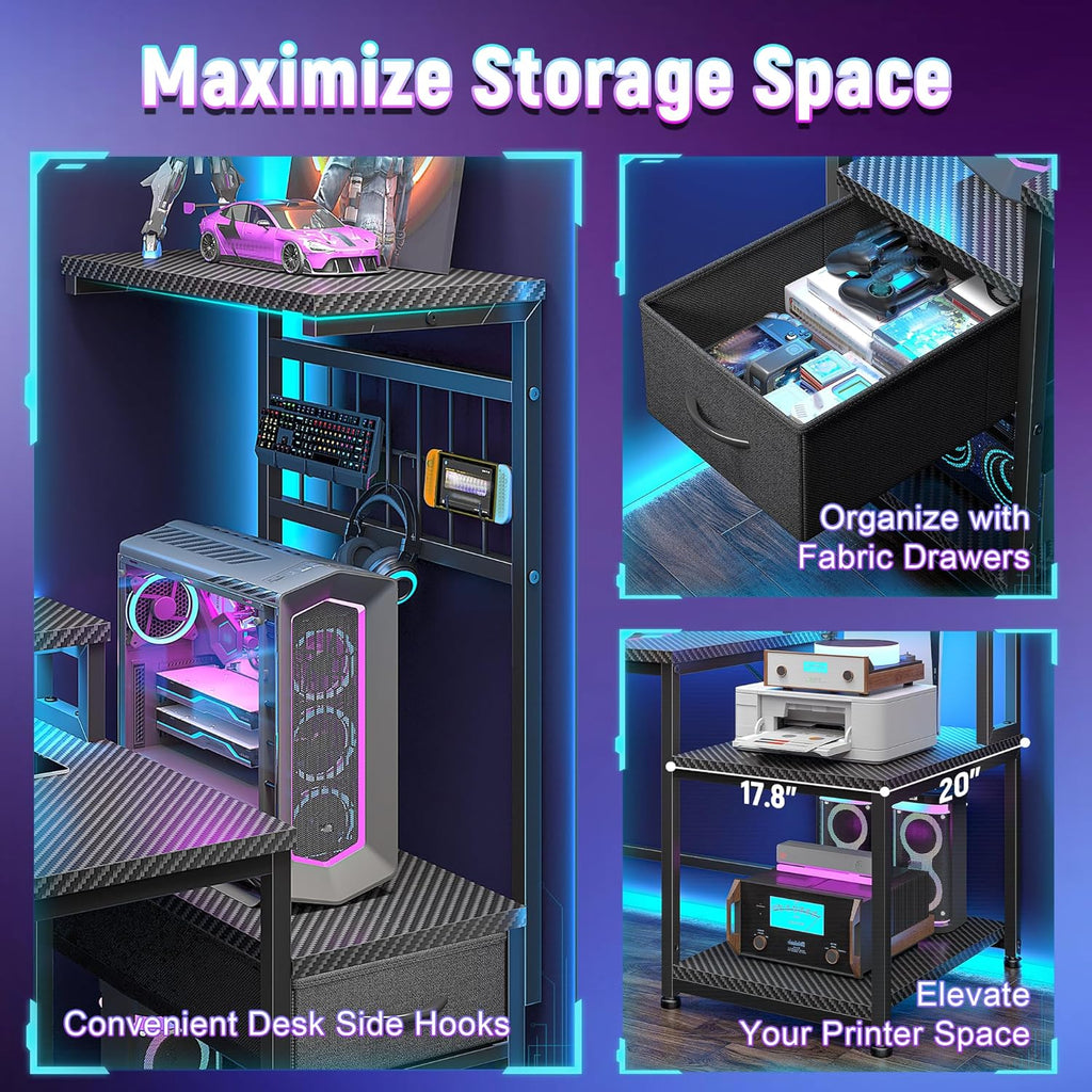 63" Gaming Desk with RGB LED,Headphone Hook Shelves | Sturdy Metal Frame No Wobble,Storage Shelves&Drawer for Game