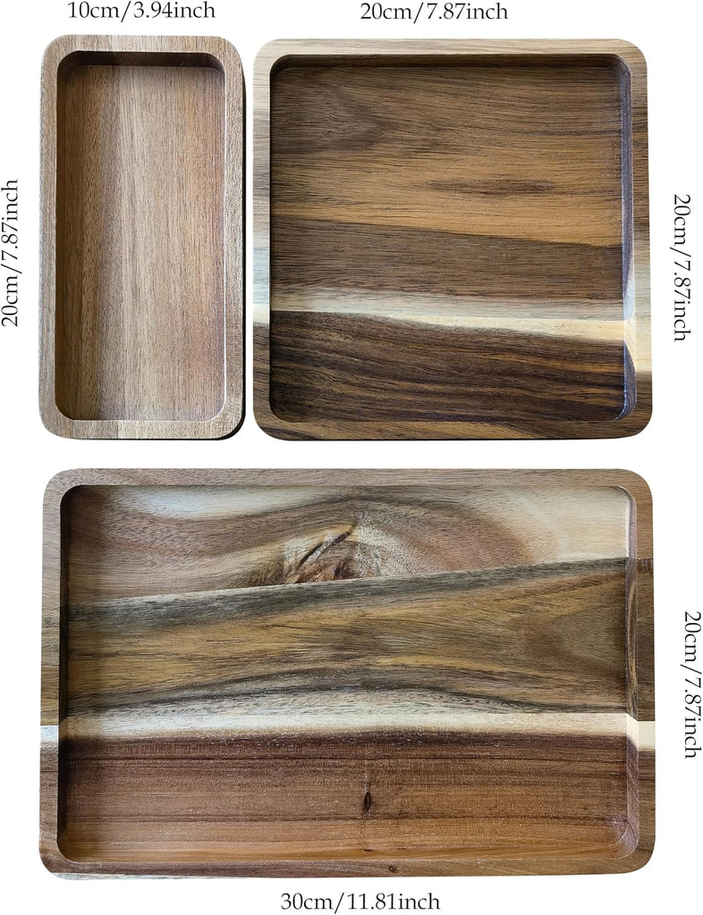 Acacia Wooden Valet Tray for Men,Natural Wood Grain EDC Tray Set Catch All for Keys Wallet Phone Glasses Watch - Set of 3