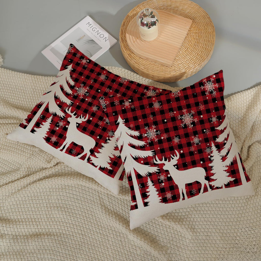 Christmas Pillow Covers 20x20 Red Black Buffalo Plaid Decor Throw Pillows Case for Couch Xmas Winter Snowflake Deer