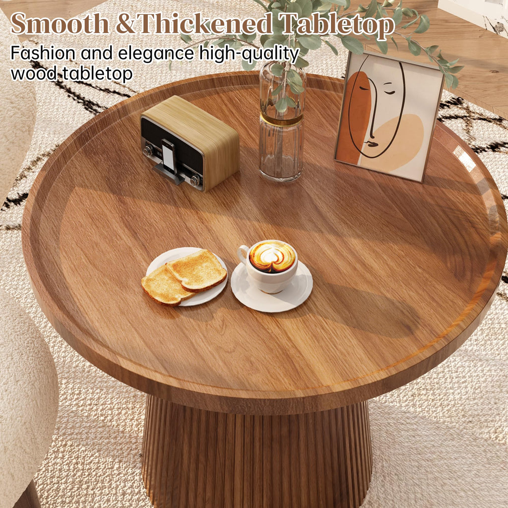 Round Side Table, 23.6'' Fluted Pedestal End Table, Walnut