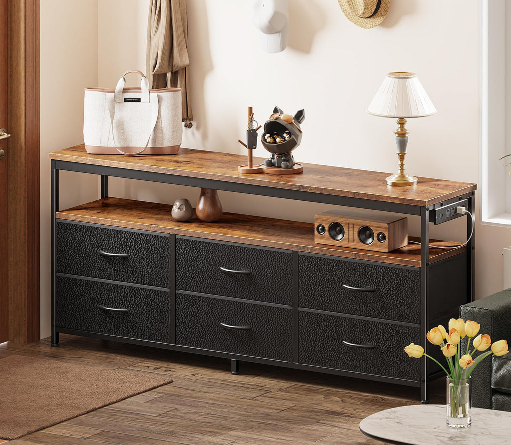 LED TV Stand, 55 Inch Fabric Dresser with Power Outlets, Entertainment Center for 60, 55 Inch TV, 6 Drawer Dresser