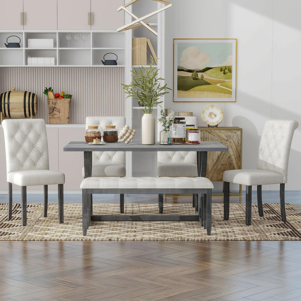 Farmhouse 6-Piece Wood Dining Table Set, 60'' Modern Rectangular Kitchen Table Set with 4 Upholstered Chairs & 1