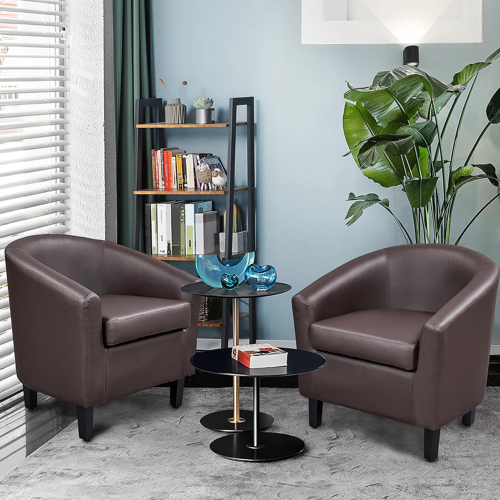 Accent Chairs, Faux Leather Barrel Armchairs Espresso - Set of 2