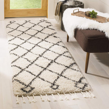 Moroccan Fringe Shag Collection Runner Rug, Cream & Charcoal, Boho Trellis, Non-Shedding & Easy Care