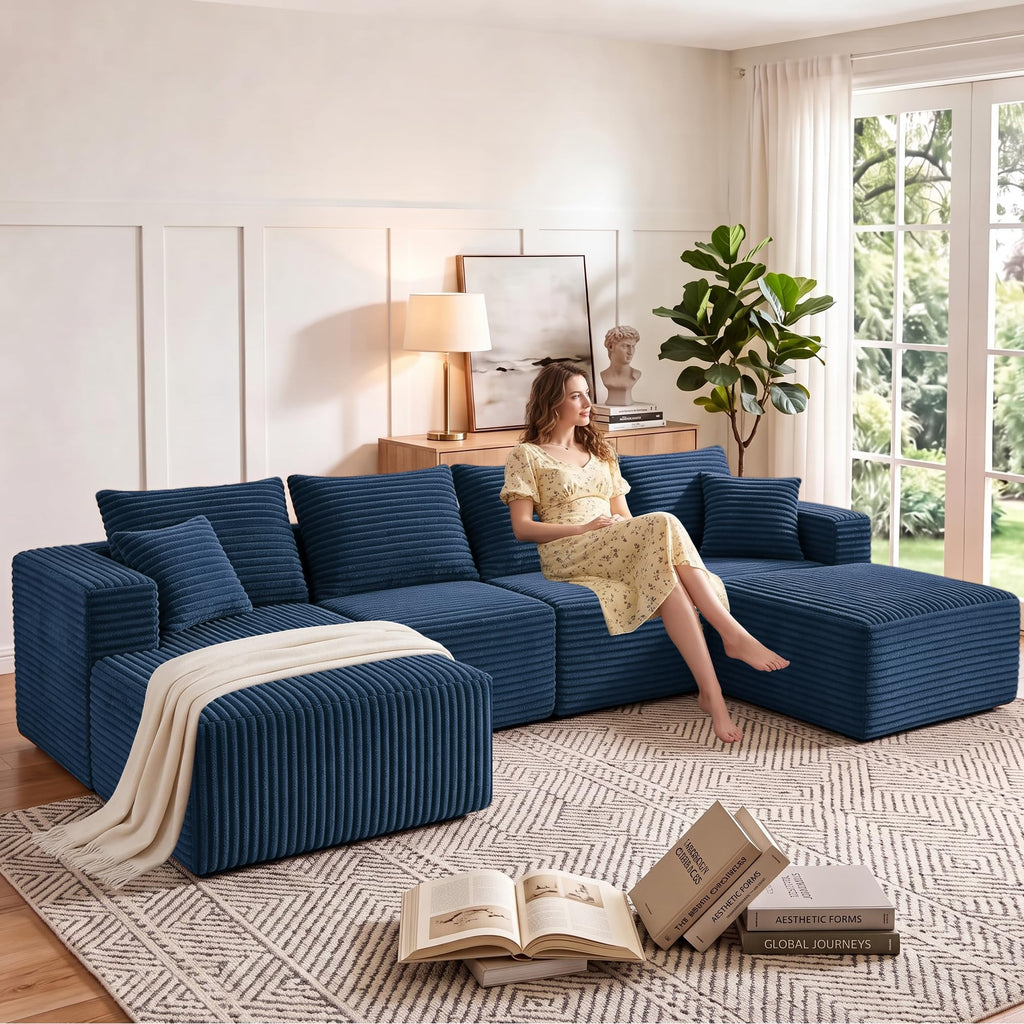 118" Modular Sectional Sofa with Chaise & Ottoman, Navy Blue