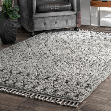 Vasiliki Grey/Ivory, 4' Square, Moroccan Shag, Tassel, Soft and Plush, High Traffic, Stain Resistant, Easy Clean