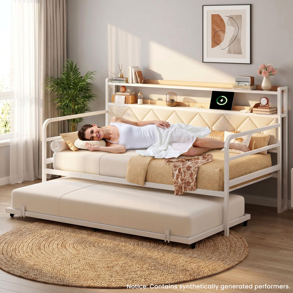 Twin Daybed with Trundle and Charging Station, White