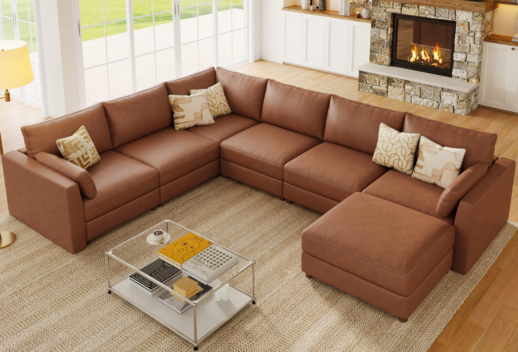 Faux Leather Modular Sectional Sofa Wide V Shaped Couches Brown