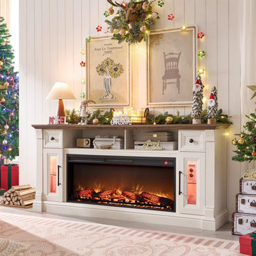 Farmhouse Fireplace TV Stand for 80" TV, Antique White