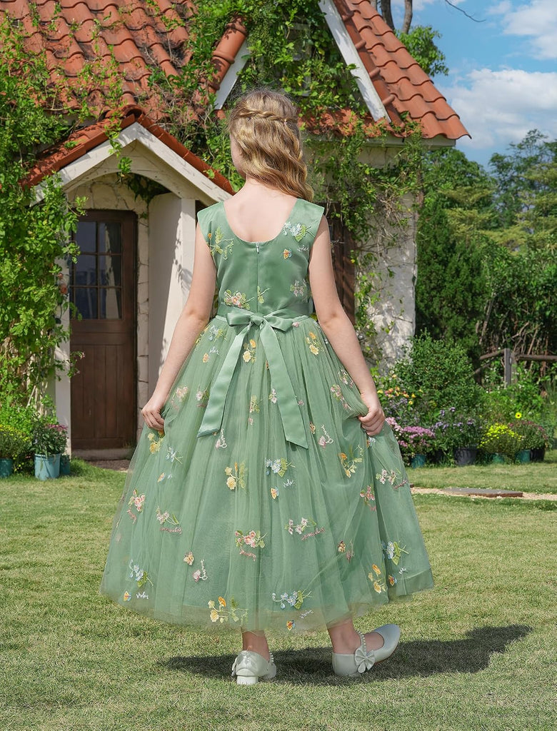 Embroidery Flower Girl Lace Dress for Kids Wedding Pageant Party First Communion Dresses Princess Bridesmaid Maxi Gown