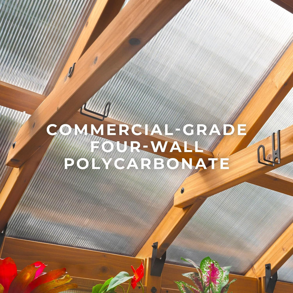 Discovery Savannah Chalet-Style 14.5' x 12' Cedar and Polycarbonate Walk-In Greenhouse Kit with Sink, Exhaust Fans