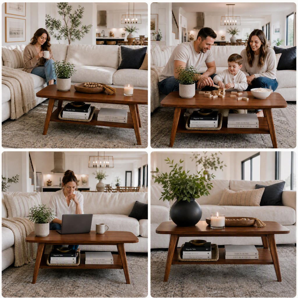 100% Solid Oak Coffee Table with Storage Shelf, 39.37" W