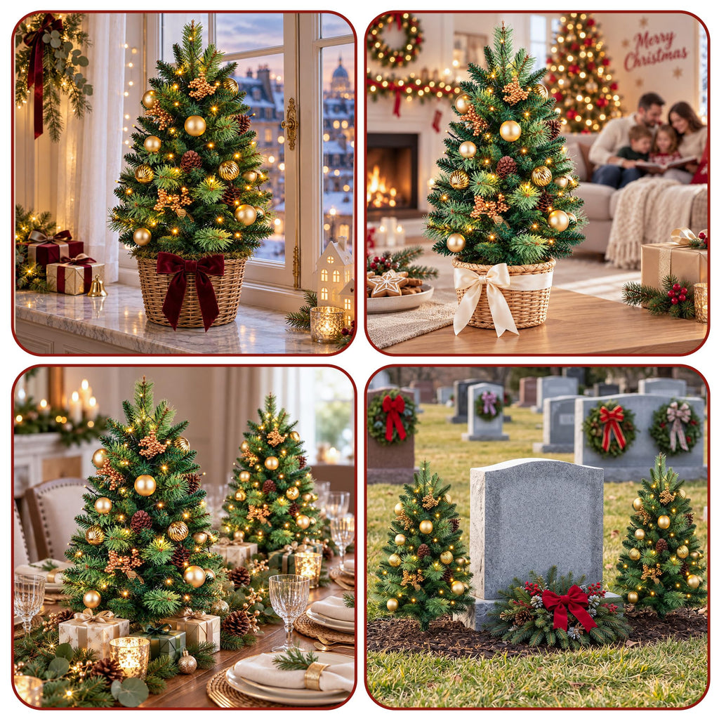 30" Christmas Urn Fillers with Lights for Outdoor Planters, Gold Accents
