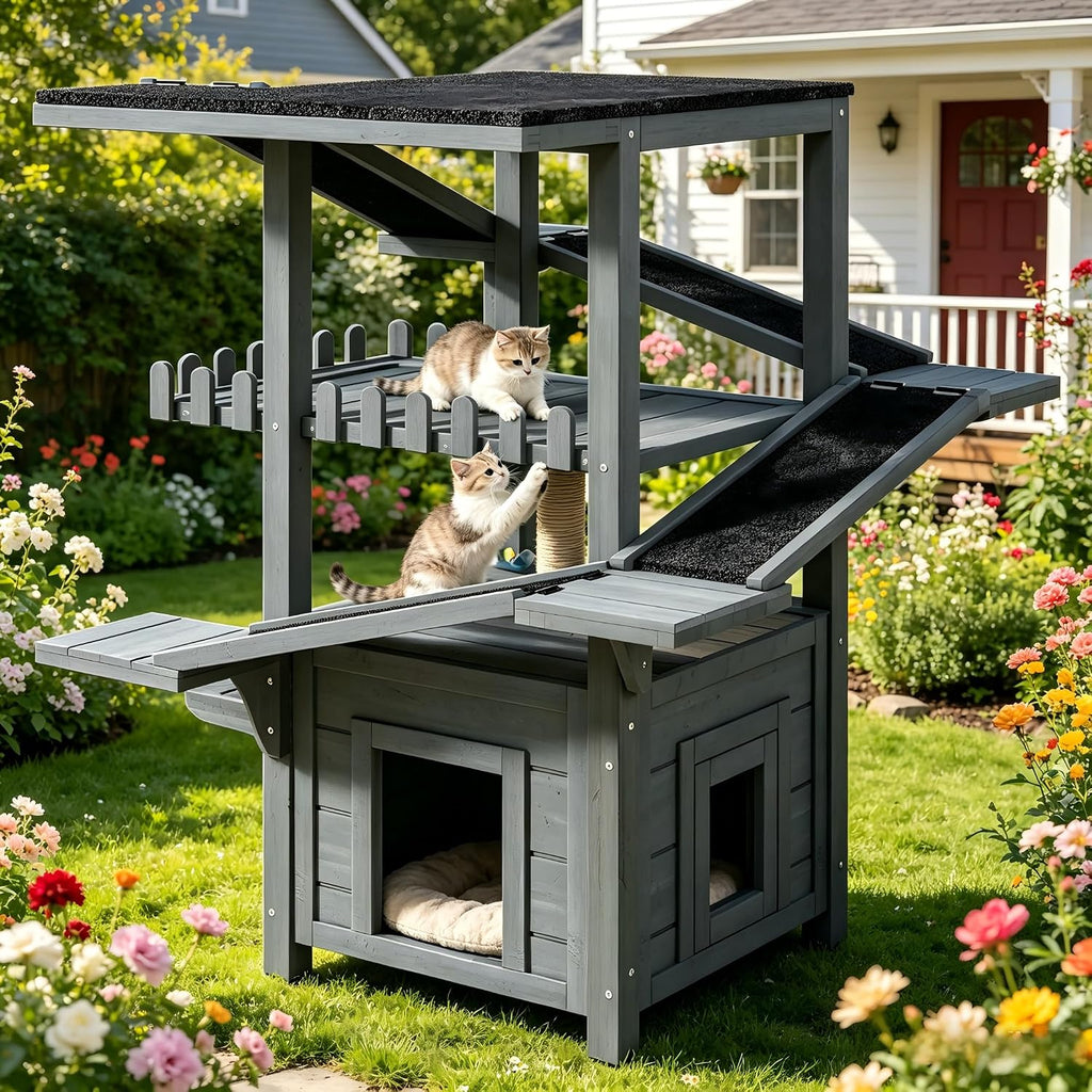 4 Tiers Outdoor Cat House, Weatherproof Wood Cat Tree Tower with Waterproof Roof and 2 Doors, Cat Climbing Tower