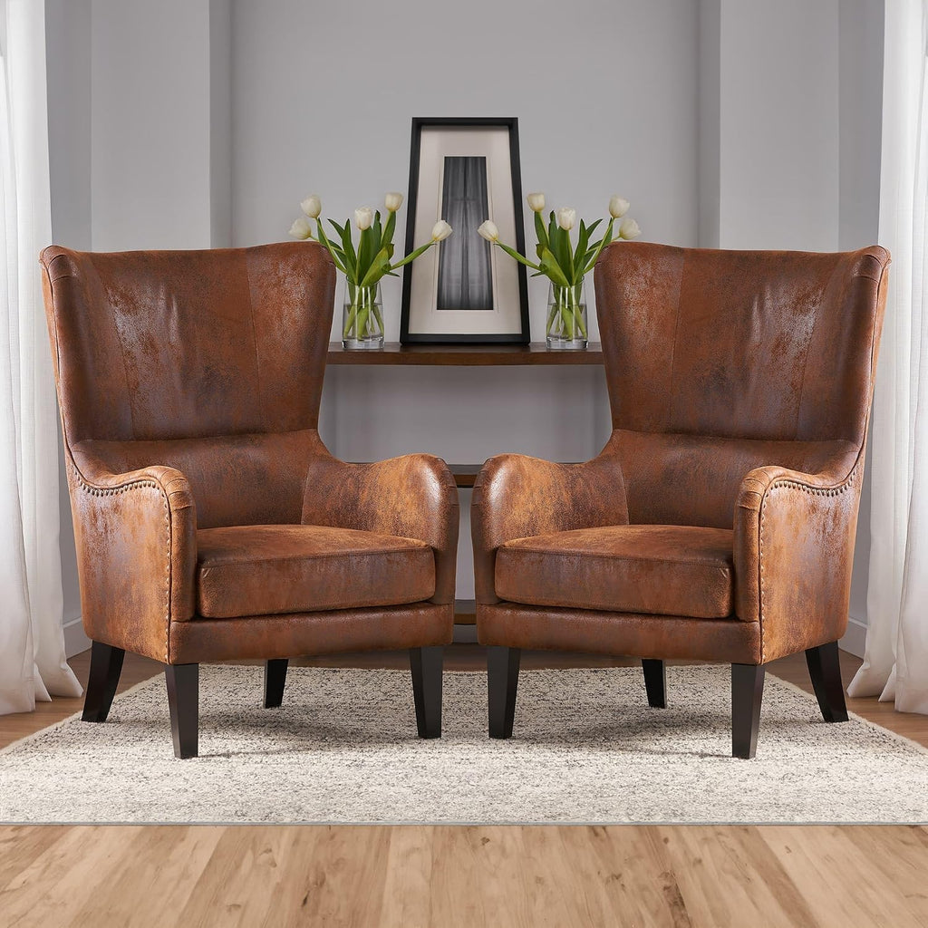 2 Piece Mid-Century Modern Accent Chairs, 27" Wide Wingback Club Chair Set of 2 with Nailhead Trim, Fabric Reading