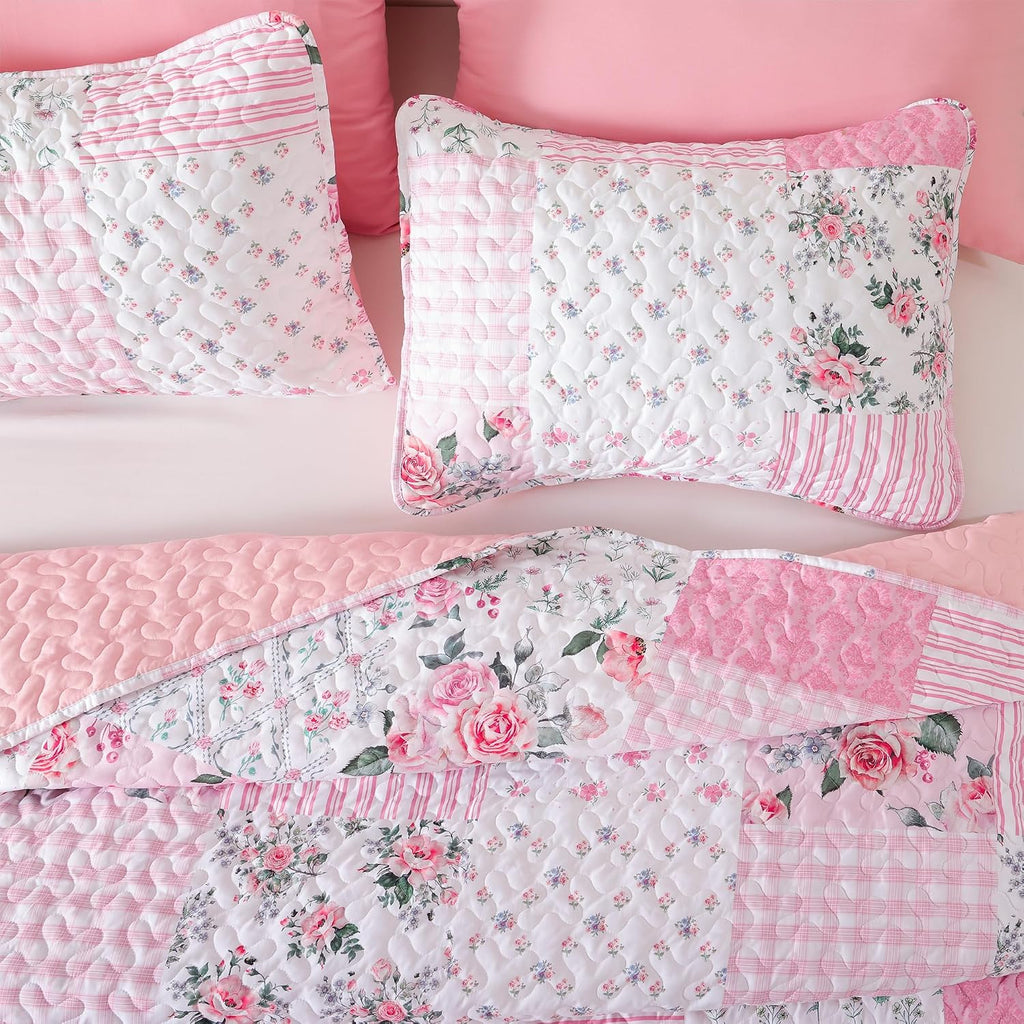Floral Quilt Set Queen - Ultra Soft Lightweight Bedspread, 3 Piece Pink Bedding Set (90"x90") with Pillowcases