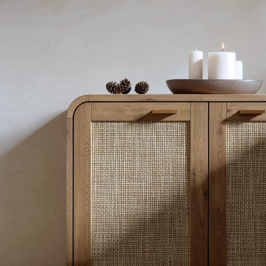67" Rattan Sideboard Buffet Cabinet with Storage, Caramel Oak