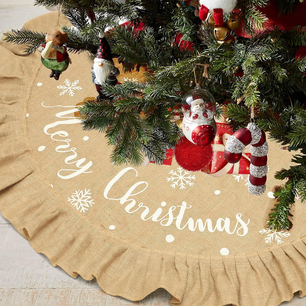48 Inch Burlap Christmas Tree Skirt Merry Christmas Rustic Tree Skirt with Ruffle Border Xmas White Snowflake Linen