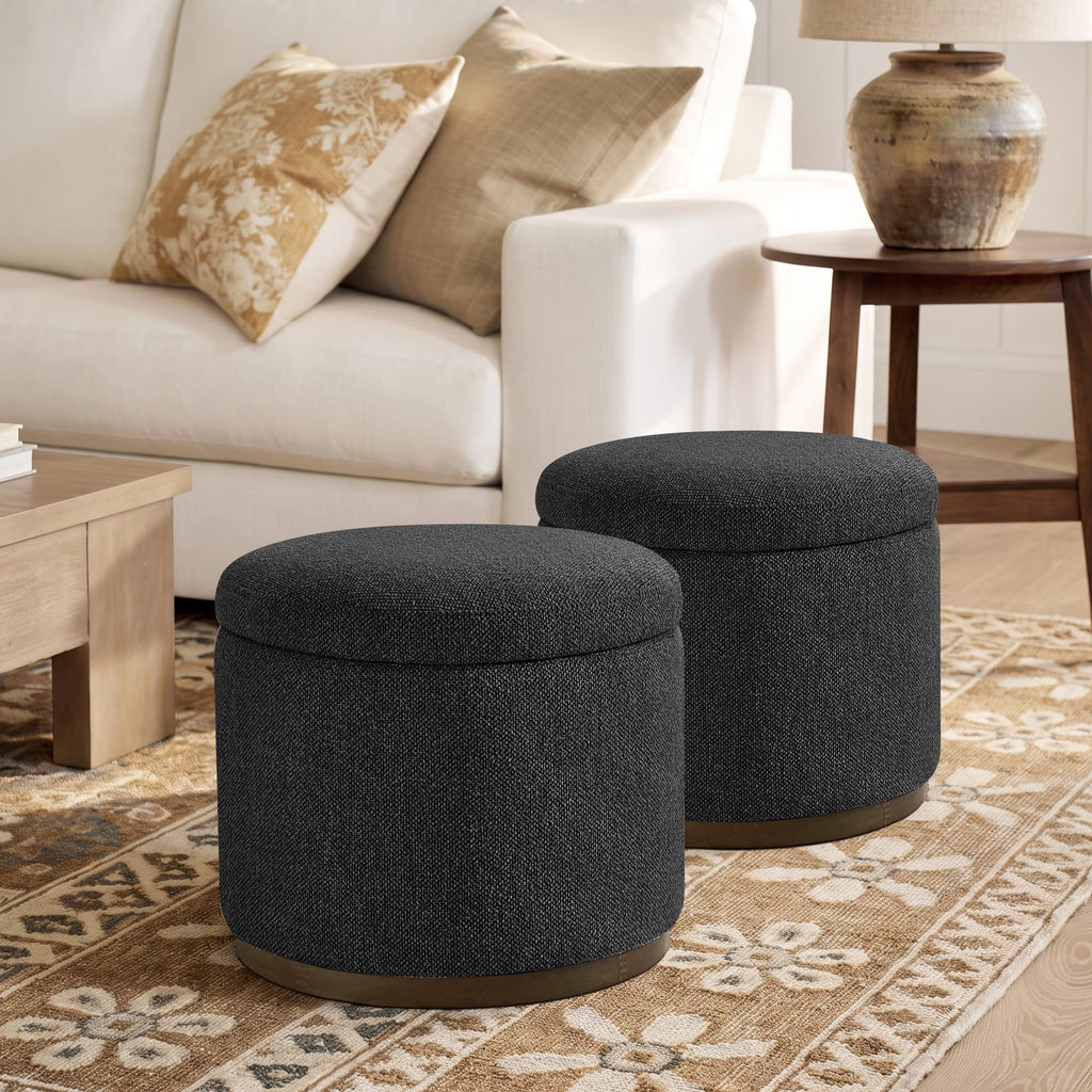 Round Storage Ottoman, 20" Boucle Ottoman Foot Rest Stool(Dark Grey)