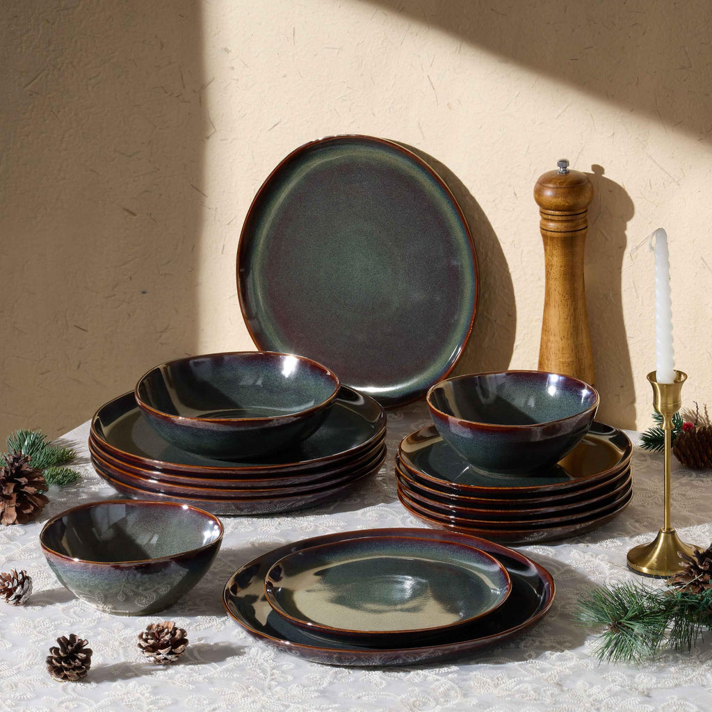 18PCS Dinnerware Sets for 6, Stoneware Plates and Bowls Dish Set, Irregular Handmade Dinner Ware Dishware Dinning