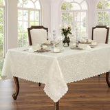 Portofino Scalloped Damask Fabric Tablecloth, 52 x 70 Inch Rectangle, Ivory, Wrinkle and Stain Resis
