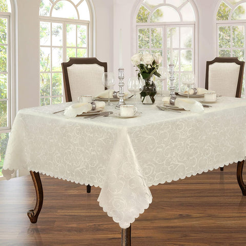 Portofino Scalloped Damask Fabric Tablecloth, 52 x 70 Inch Rectangle, Ivory, Wrinkle and Stain Resis