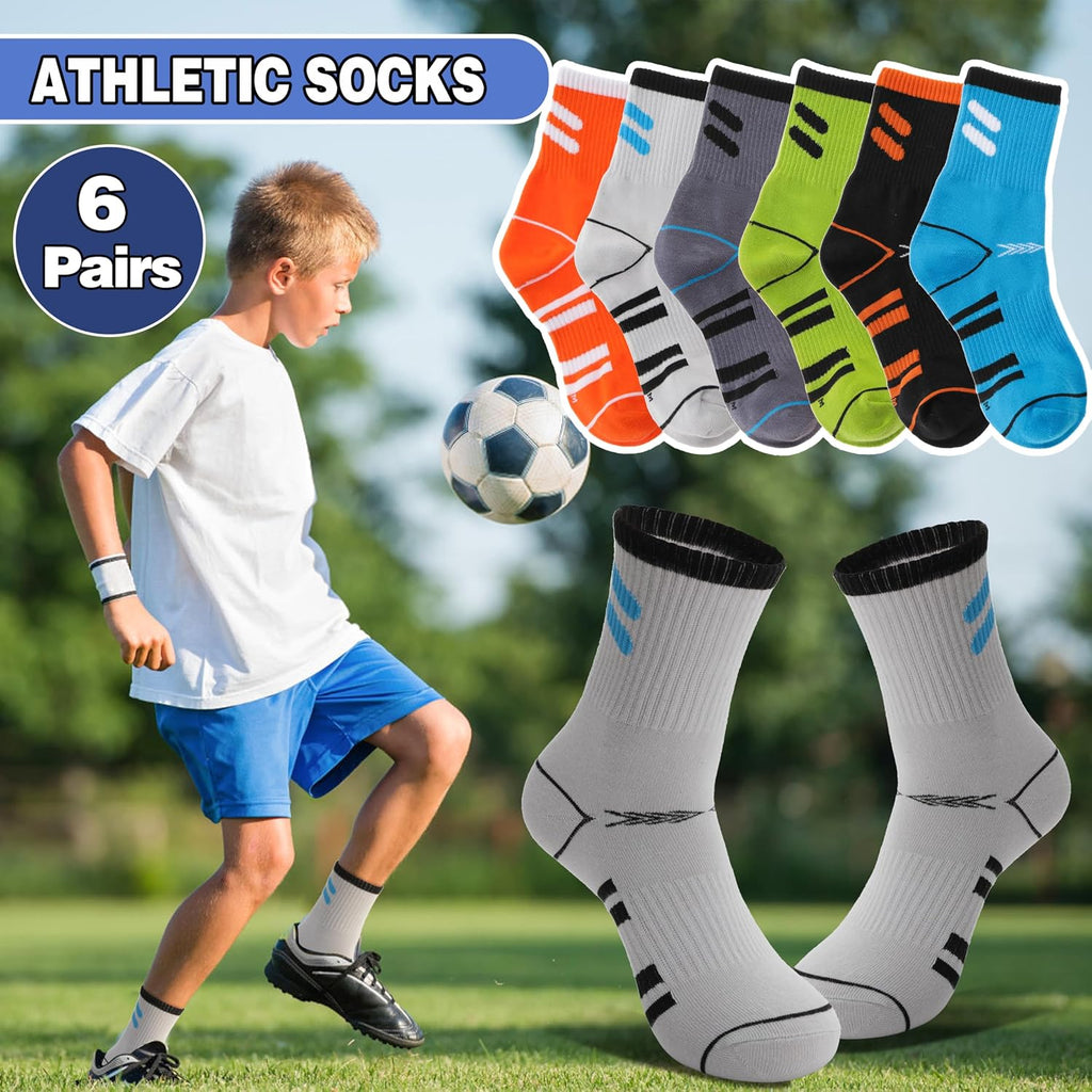 6 Pairs Kids Boys Socks Athletic Basketball Sport Youth Crew Cotton Soft Breathable Socks for Outdoor