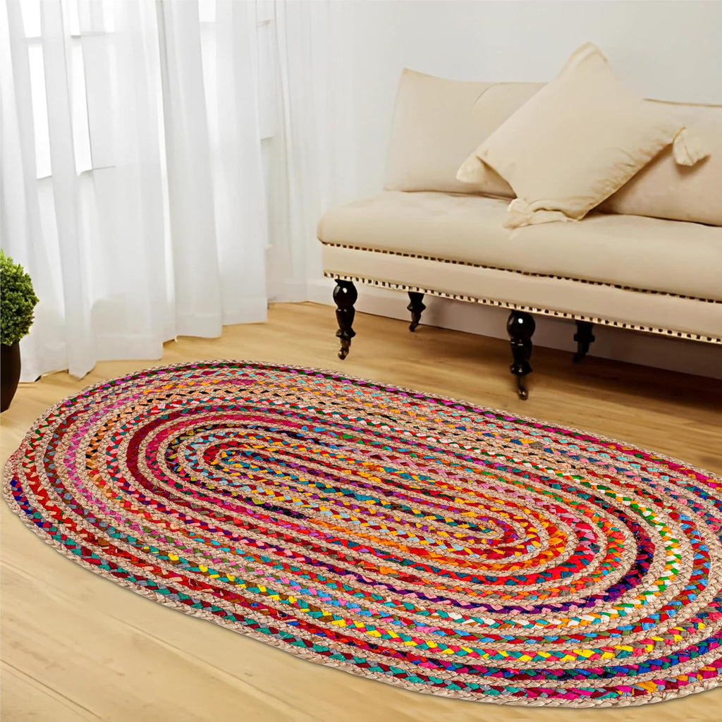 Farmhouse Jute Cotton Chindi Rug 4x6 Oval Multicolor, Handwoven Braided Area Rug
