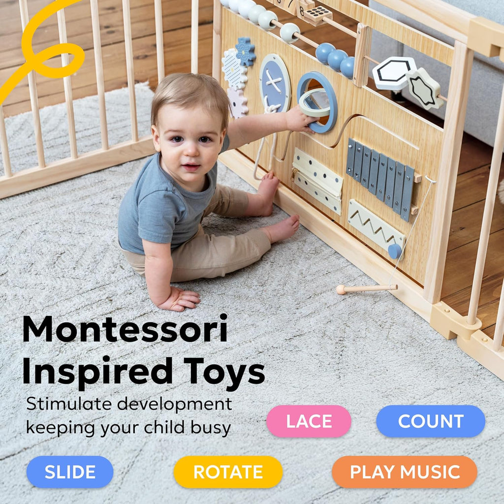 Baby Playpen, Wooden Playpen for Babies and Toddlers, Foldable Fence with Montessori Activity Panel, Storage Basket &