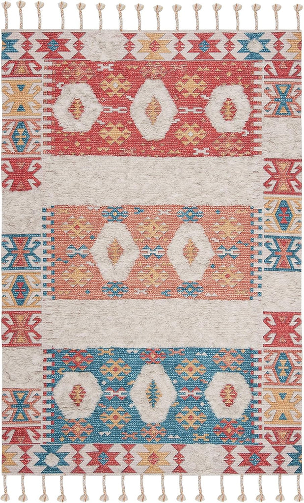 Saffron Collection Accent Rug, Rust & Beige, Handmade Moroccan Boho Tassel Wool, Ideal for High Traffic