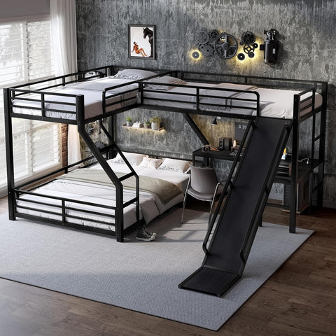 Twin XL Over Queen Bunk Bed Frame with Twin Loft Beds, Heavy Duty Triple Bunk Bed with Slide