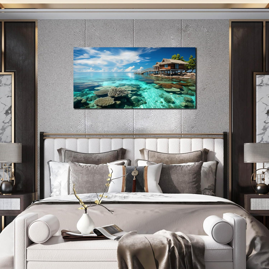 Ocean Scenic Canvas Wall Art, Blue Seascape Wall-Decor Picture , Ocean Scenery Canvas Decoration, Coastal Landscape