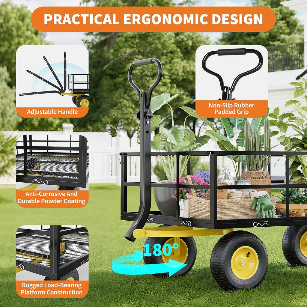 Heavy Duty Steel Garden Cart, 1200 Lbs Garden Wagon with 13" All Terrain Tires, 3-in-1 Metal Utility Wagon with