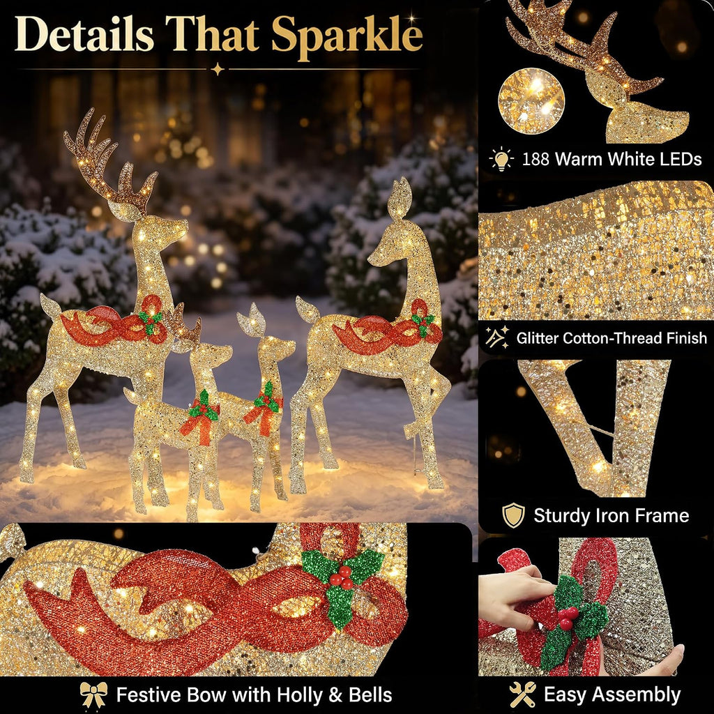 58" 4-Piece 3D Lighted Christmas Deer Family Outdoor Decorations, Large Gold Reindeer Set with 188 Warm White Lights