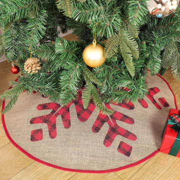 Christmas Tree Skirt, 30 Inch Rustic Burlap Tree Skirt with Large Black and Red Plaid Snowflake Printed Christmas