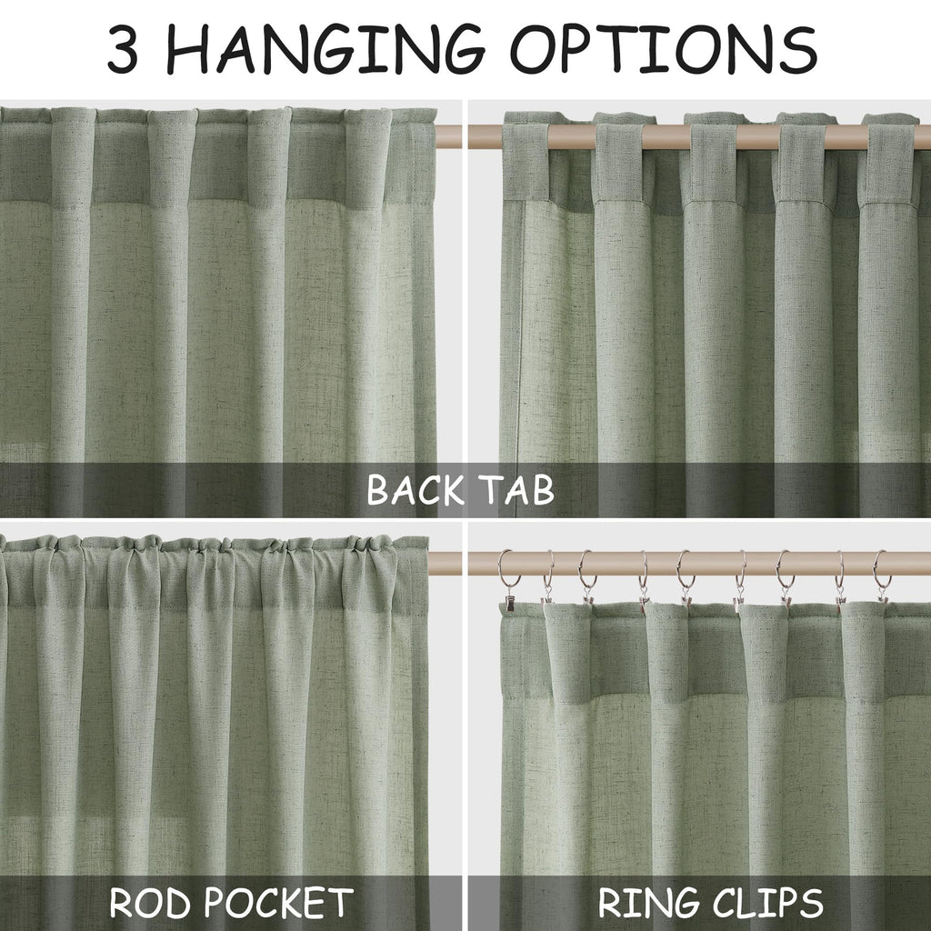 Extra Long Desert Sage Linen Curtains 120 Inch 2 Panels Set Rod Pocket Back Tab Light Filtering Semi Sheer Linen