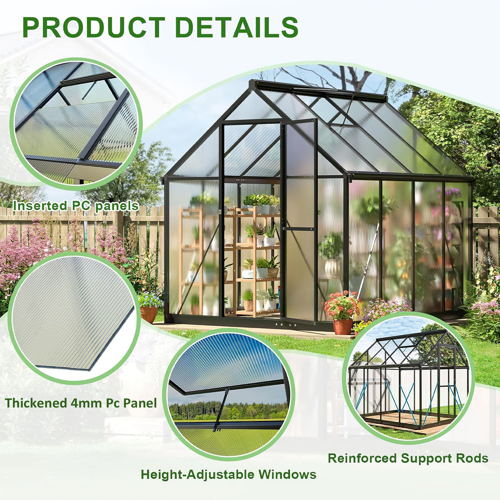 10X16 FT Walk-in Polycarbonate Heavy Duty Greenhouse