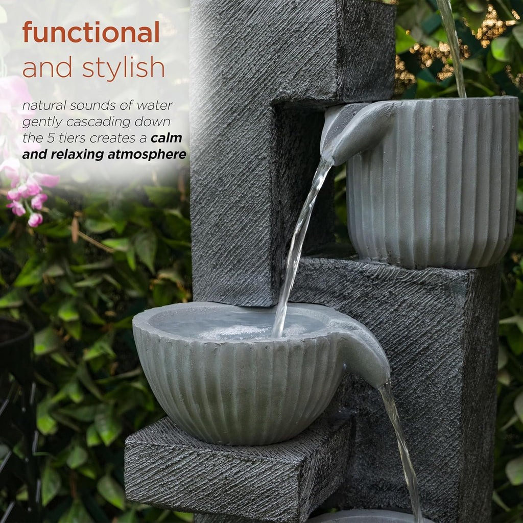 40" Tall Outdoor 5 Tiered Pot Decorative Waterfall Floor Fountain with LED Lights, Perfect for Patios, Yards