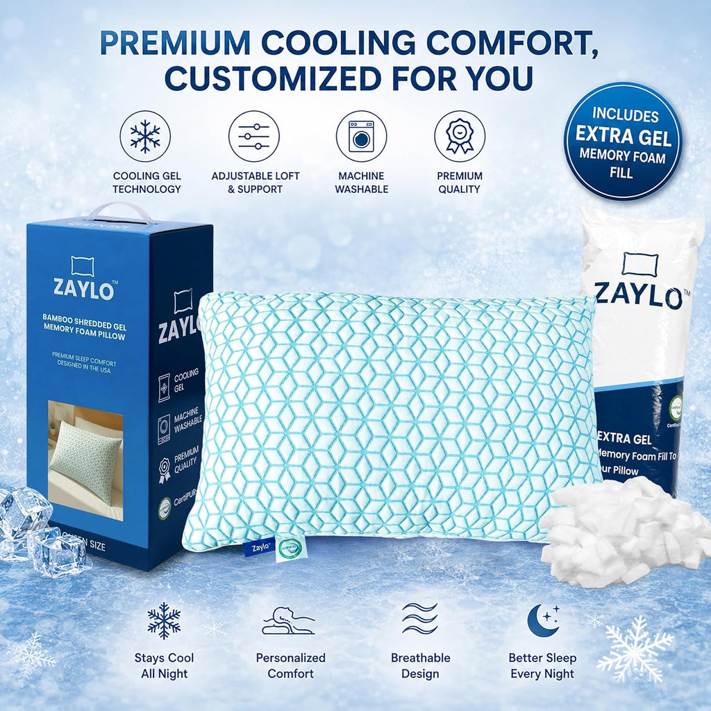 Cooling Bamboo Shredded Gel Memory Foam Pillow, CertiPUR-US Certified, Adjustable Height & Firmness, Bed Pillow for