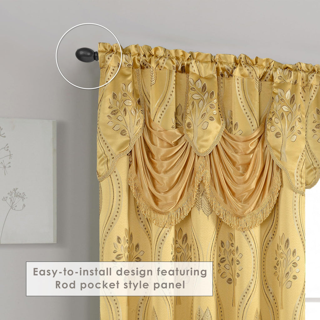 Aurora Jacquard Look Curtain Panel Set with Attached Valance 54" X 84 inch (Set of 2), Gold