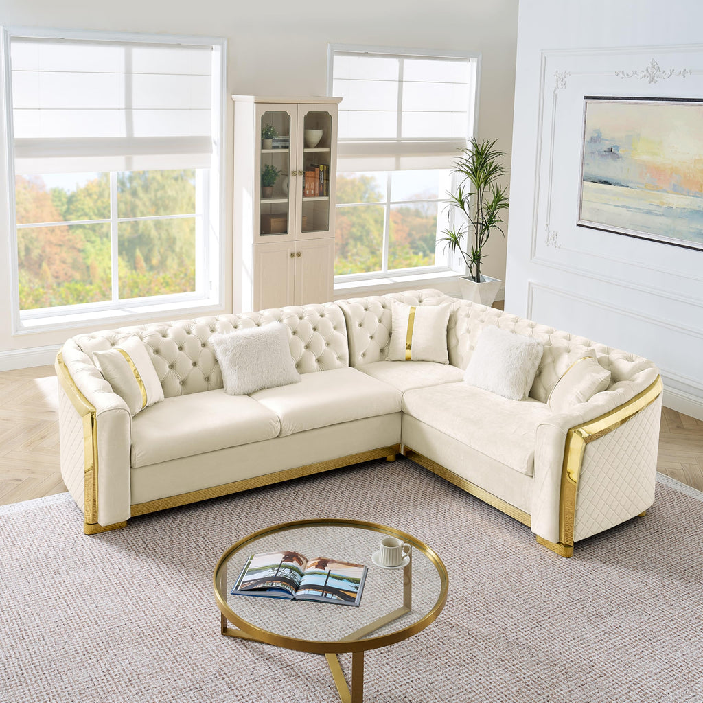 106" L-Shaped Luxury Chesterfield Sectional Sofa with Gold Stainless Steel Accents and 5 Pillows, Mid-Century